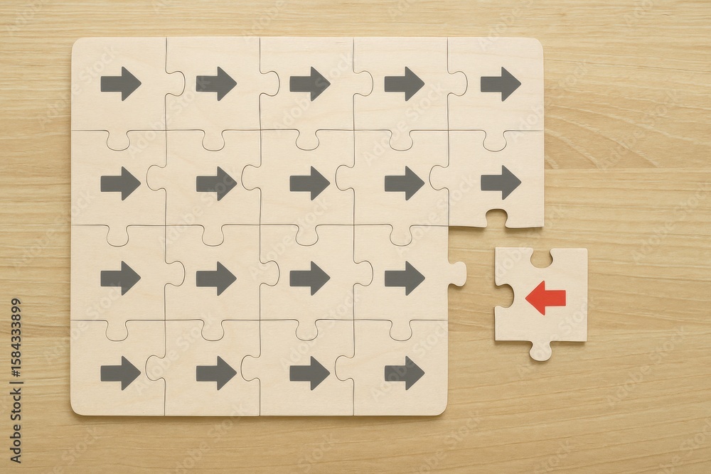 Poster wooden puzzle with arrows pointing in various directions, highlighting individuality with a red piec