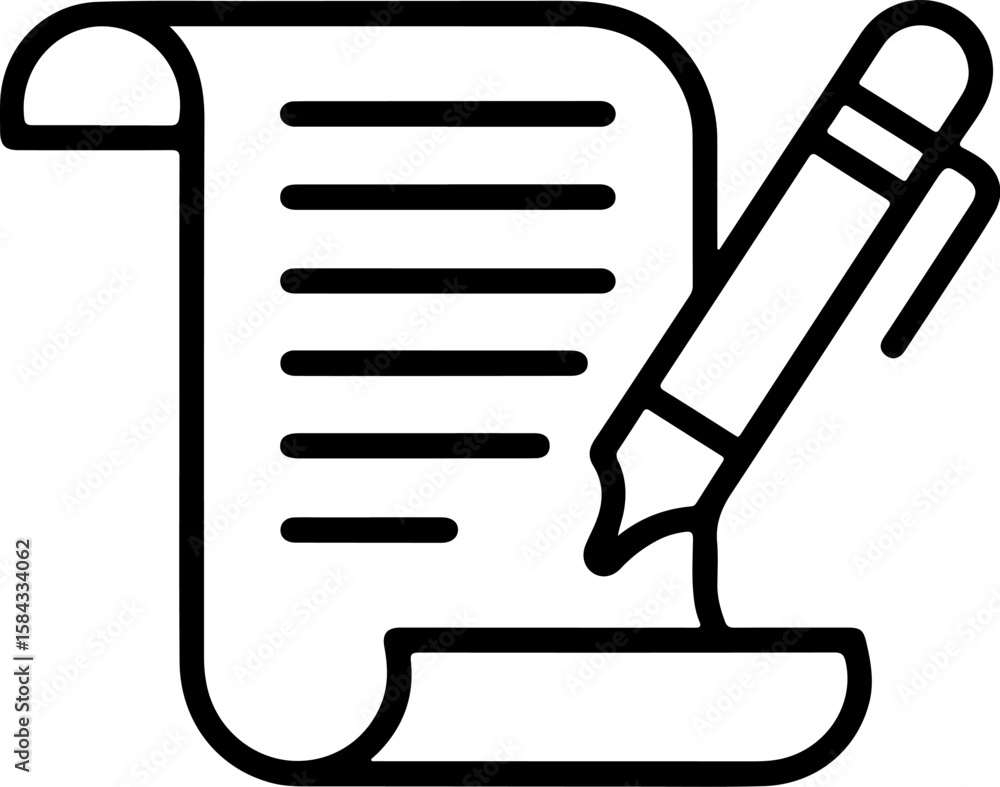 Poster stylized icon of a scroll with text and a quill pen writing on it