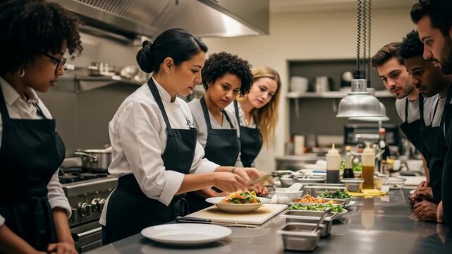 Chef Instructing Diverse Culinary Students in Modern Kitchen
