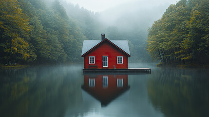Red house on lake surrounded by misty forest with calm water reflecting peaceful and serene atmosphere of nature in early morning fog