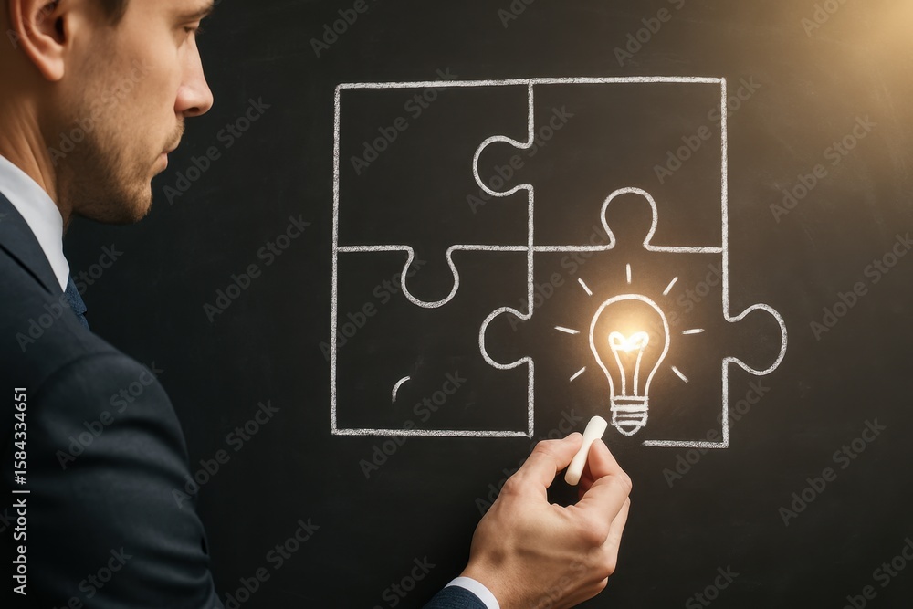 Poster businessman solving puzzle with light bulb concept on chalkboard, symbolizing creativity and innovat