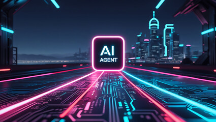 Glowing AI Agent icon on a futuristic circuit board superhighway. Concept of a smart city, high-speed data flow, and advanced artificial intelligence technology with neon light trails.