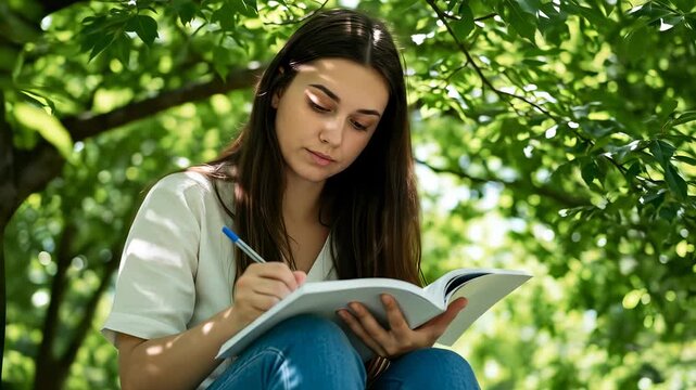 Young woman immersed in creative writing under a lush green canopy, finding inspiration