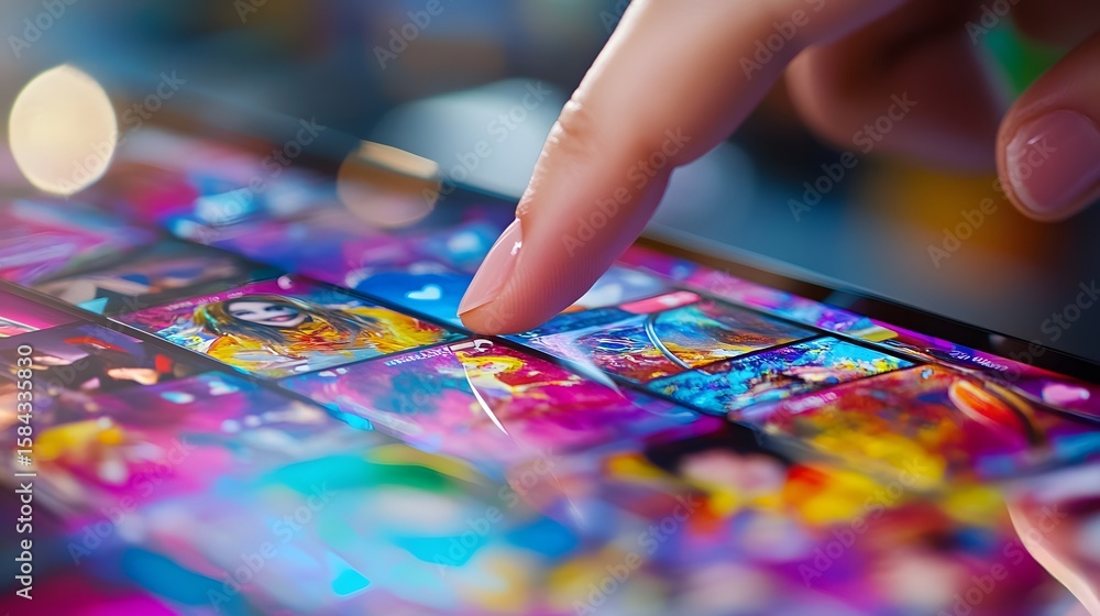 Poster a hand interacts with a mobile device displaying a grid of colorful images.