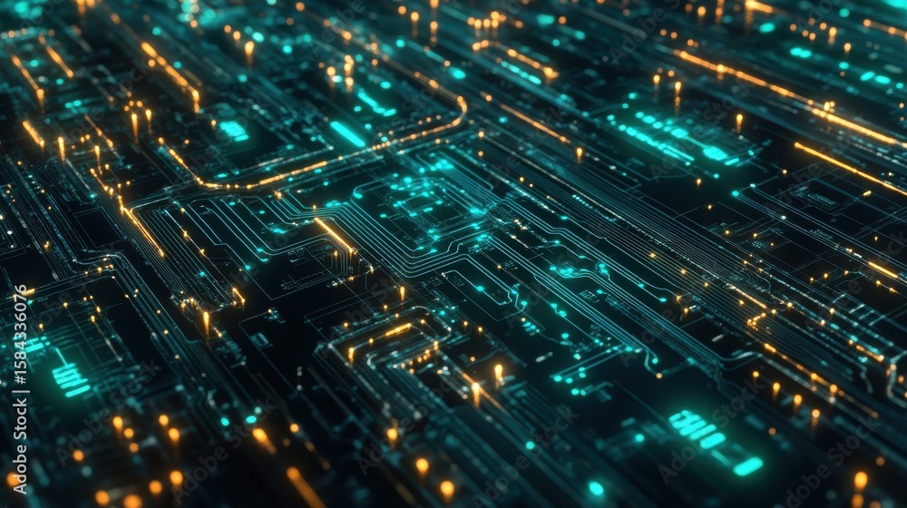 Wall mural complex abstract background of glowing lights and circuitry design