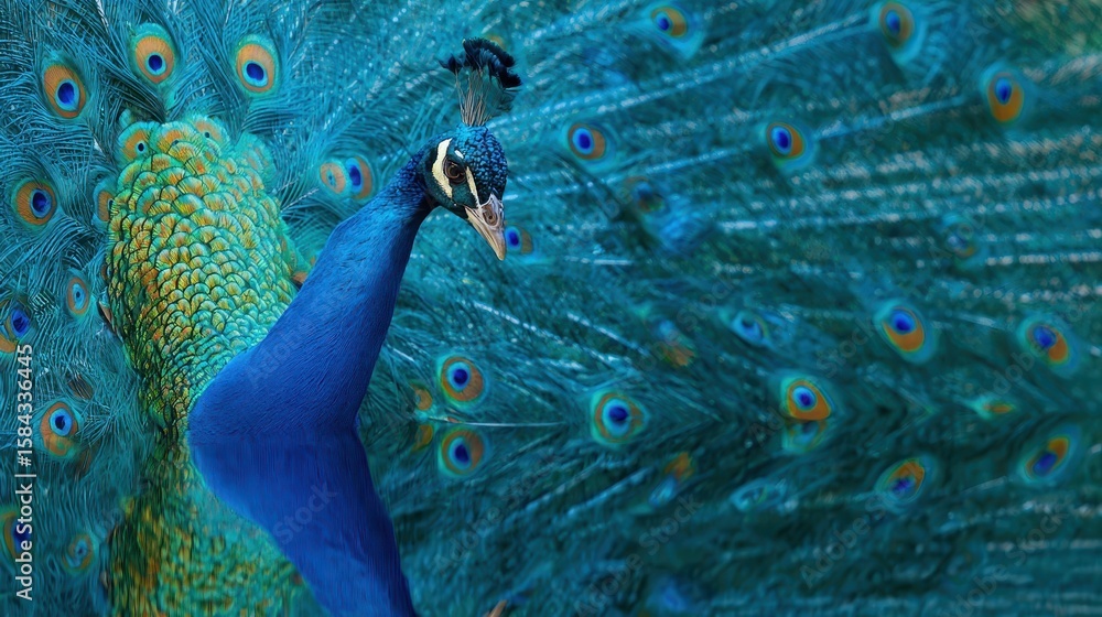 Poster vibrant peacock feathers display intricate patterns.