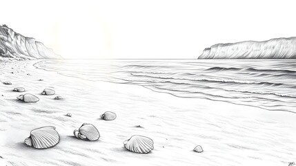 Detailed pencil sketch of a beach scene.