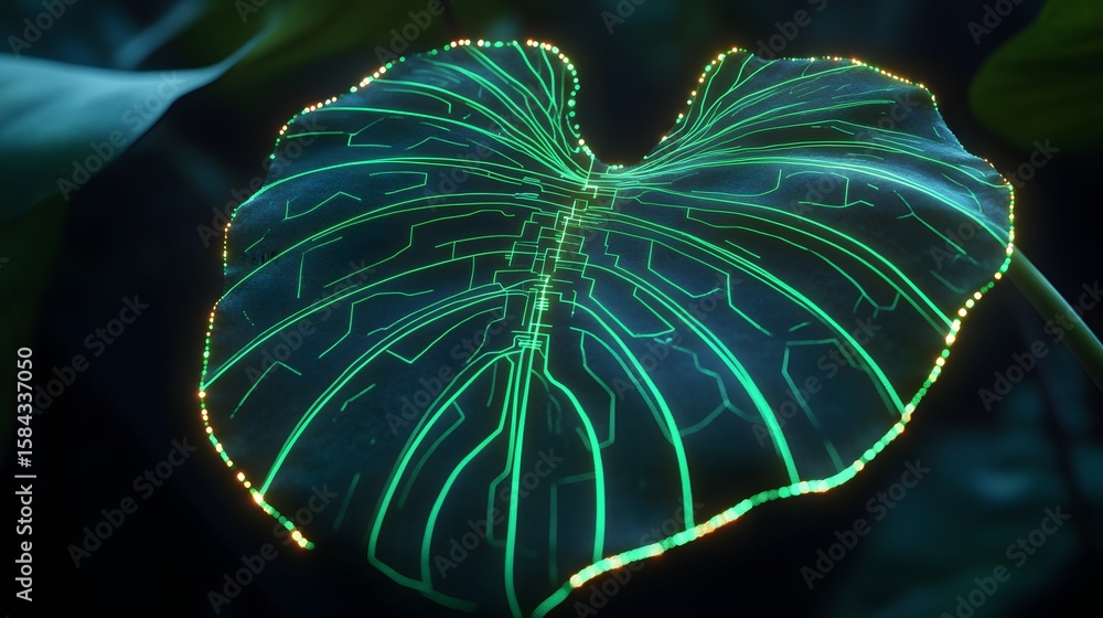 Poster close-up of a leaf with glowing circuit patterns.