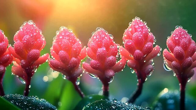 Close-up of vibrant red ginger flowers covered in glistening water droplets in a row