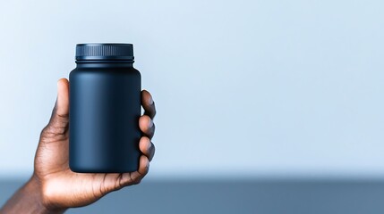 Hand holding a matte black pill bottle against a soft blue background