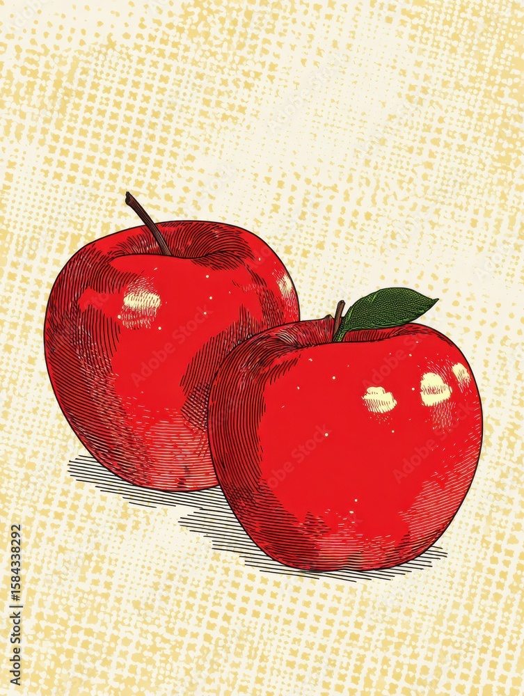 Poster stylized red apples in flat design with retro halftone style on blank background
