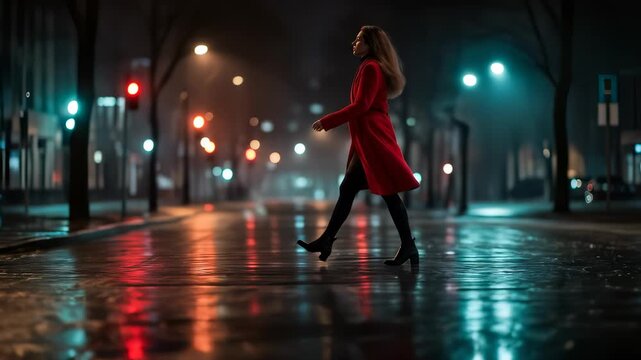 Elegance Personified: A Woman in a Red Coat Walks Through a Rain-Kissed Urban Night