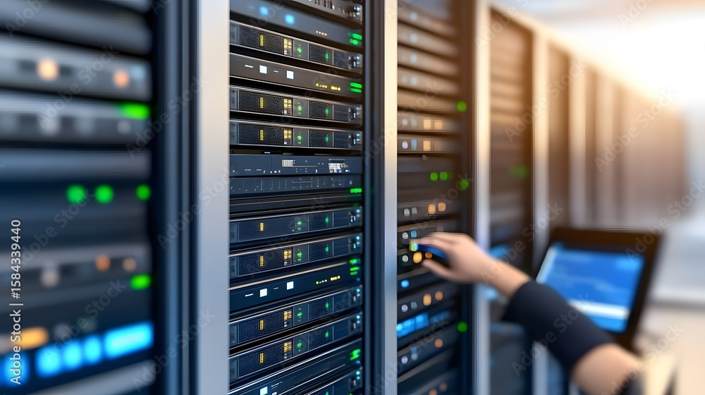 Poster server racks in a data center with technician.