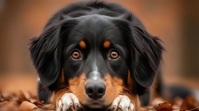 Close up of a bernese mountain dog resting its head on its paws in a bed of autumn leaves