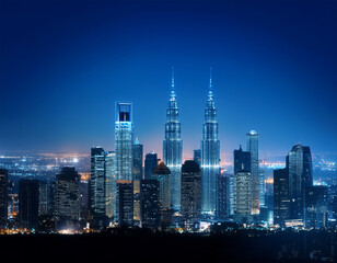 Fototapeta premium skyscrapers reflecting the city lights and the integration of finance and technology
