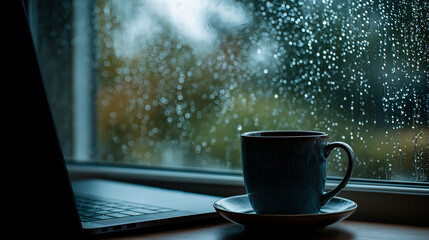 Rainy Day Coffee & Laptop: Cozy Workspace