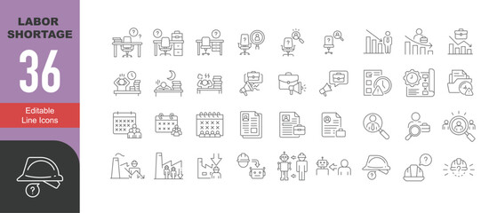 Labor shortage icon set. 36 editable line icons in outline style. Includes hiring delay, workforce gap, employee burnout, automation risk, job vacancy, team problem, factory decline, and staff stress.