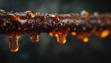 Rusting metal pipe drips with amber resin