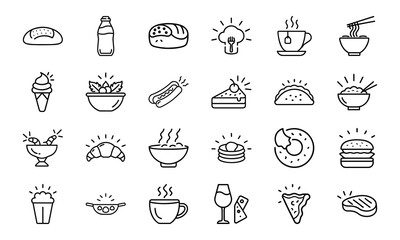 Minimal Line Art Food and Drink Icon Set Featuring Bread, Beverages, Desserts, Meals, Snacks, and Cutlery on White Background for Restaurant and Culinary Design Projects