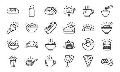 Minimal Line Art Food and Drink Icon Set Featuring Bread, Beverages, Desserts, Meals, Snacks, and Cutlery on White Background for Restaurant and Culinary Design Projects