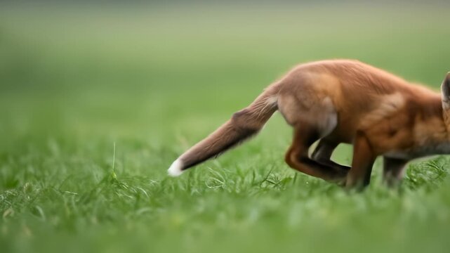 Adorable fox kit gallops playfully through vibrant green grass, showcasing nature's beauty