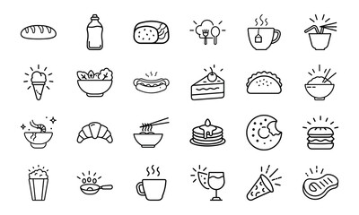 Minimal Line Art Food and Drink Icon Set Featuring Bread, Beverages, Desserts, Meals, Snacks, and Cutlery on White Background for Restaurant and Culinary Design Projects