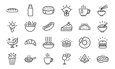 Minimal Line Art Food and Drink Icon Set Featuring Bread, Beverages, Desserts, Meals, Snacks, and Cutlery on White Background for Restaurant and Culinary Design Projects