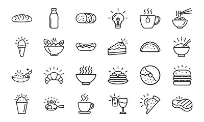 Minimal Line Art Food and Drink Icon Set Featuring Bread, Beverages, Desserts, Meals, Snacks, and Cutlery on White Background for Restaurant and Culinary Design Projects