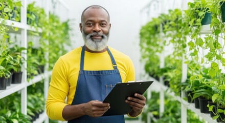 Photo of a smiling gardener is holding a clipboard in a lush greenhouse full of plants