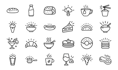 Minimal Line Art Food and Drink Icon Set Featuring Bread, Beverages, Desserts, Meals, Snacks, and Cutlery on White Background for Restaurant and Culinary Design Projects