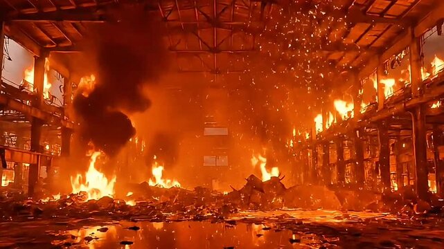 Large industrial building engulfed in intense fire with smoke and debris