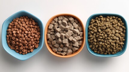 Fototapeta premium Variety of Pet Kibbles in Colorful Bowls Arranged on a Clean Surface With Ample Negative Space for a Modern Look