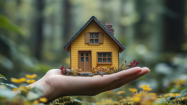 Small yellow house with brown door and window shutters held in hand surrounded by flowers in soft forest background, evoking warmth and care