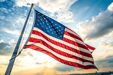 American Flag Waving in the Wind Against Bright Sky with Sunlight