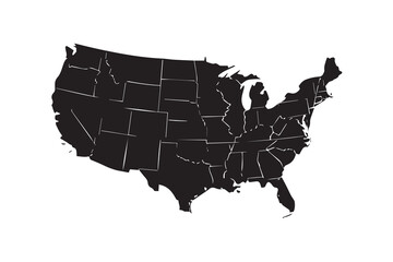 Black Silhouette Map of United States with State Borders on White Background