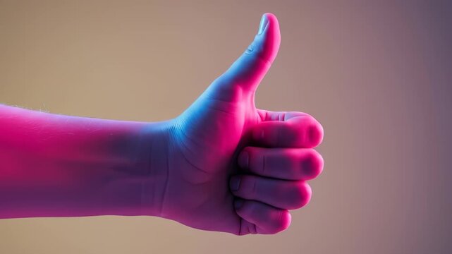 Hand gesture illuminated with neon light, conveys agreement, approval and encouragement