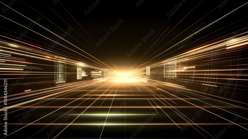 Poster a digital tunnel with glowing lines and data visualizations.