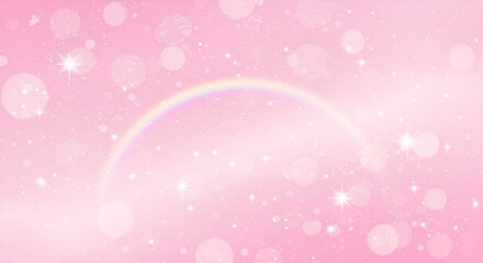 Delicate pink background with stars, bokeh and a soft rainbow design element