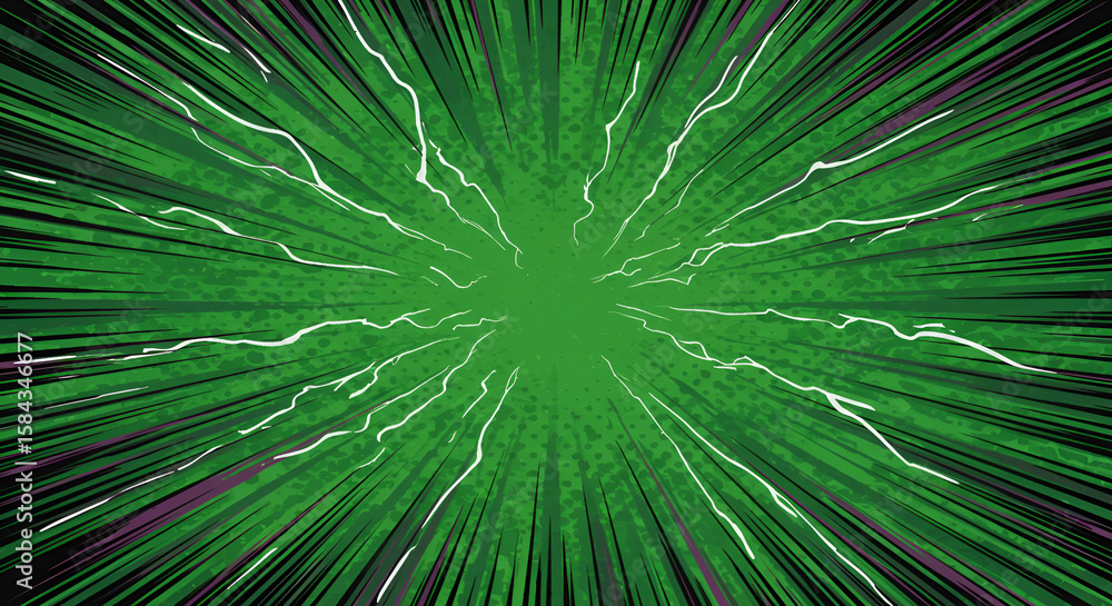 Poster dynamic green comic zoom effect with lightning streaks and halftone pattern background