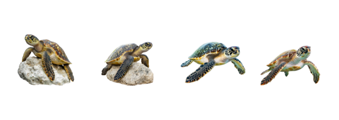 Collection of Sea turtle basking Rests on rocks or the beach to warm itself in the sun. full length isolate on transparent background