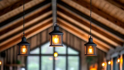 Cozy indoor scene featuring hanging lanterns with warm light against wooden architecture - Powered by Adobe