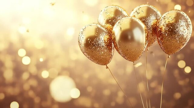 Golden balloons shimmering against a sparkling background for celebration