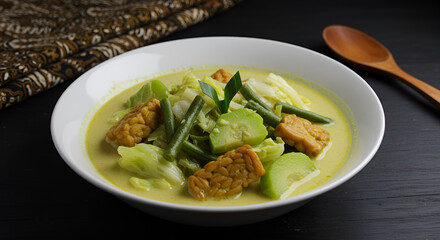 Close-up of a bowl of "Sayur Lodeh" or Indonesian Vegetable Curry featuring tender vegetables, including cabbage, green beans, and tempeh, in a vibrant yellow-green curry broth.