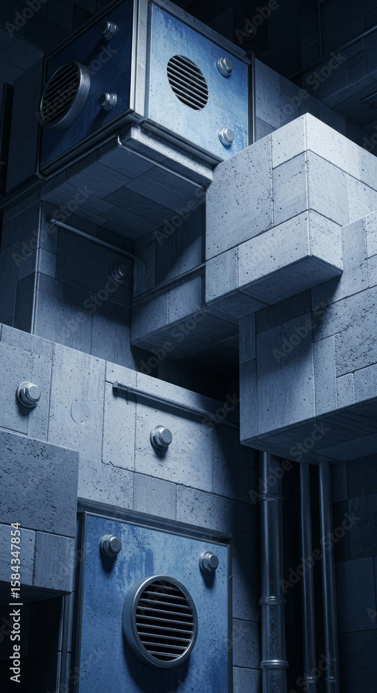 Poster abstract architectural structure of interlocking concrete blocks and ventilation units.