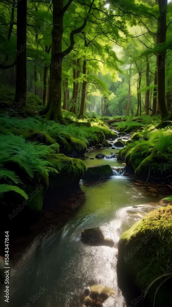 Poster lush forest scene with a stream flowing through trees covered with moss and ferns, creating a tranqu