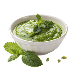 Refreshing mint chutney in a white bowl with fresh leaves for delicious culinary experiences always