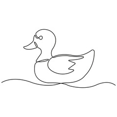 Minimalist one line drawing of a cute baby duck sitting on water, continuous single line illustration of duckling design for modern artwork.