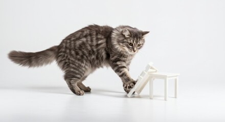 Gray striped tabby cat explores and interacts with miniature white wooden furniture