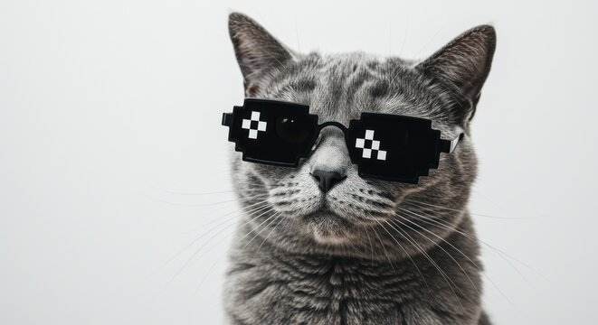 Cool cat portrait wearing pixelated glasses with a funny and confident expression