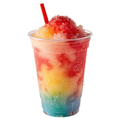 Colorful frozen slush drink with red, yellow, blue layers in plastic cup with vibrant straw